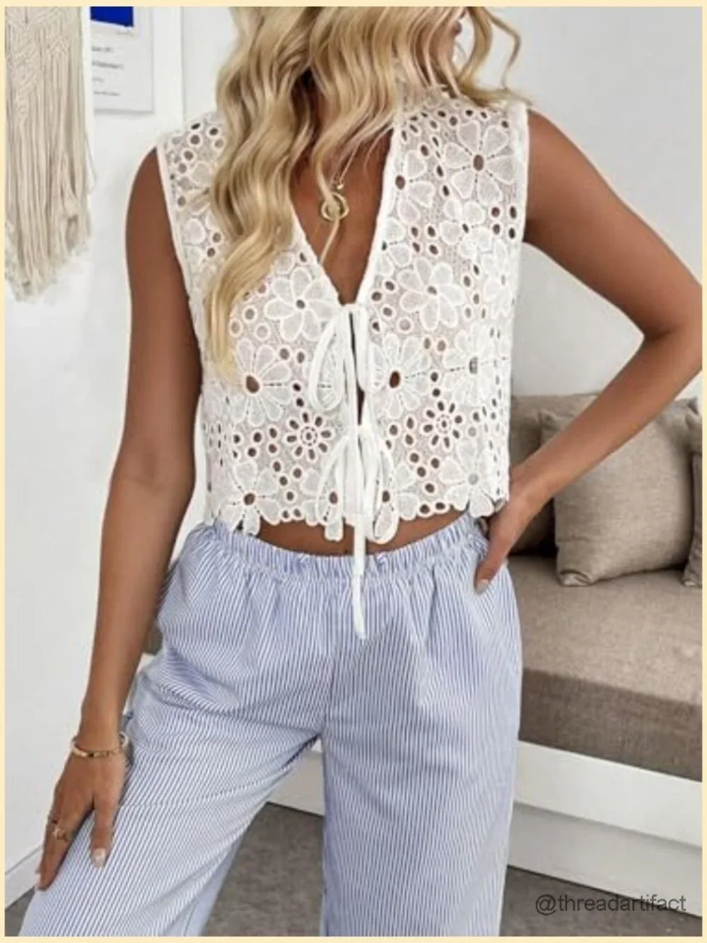 Tie Front Lace Eyelet Embroidered Boho Crop Tank Top Summer Beach Vacation - Picture 5 of 7